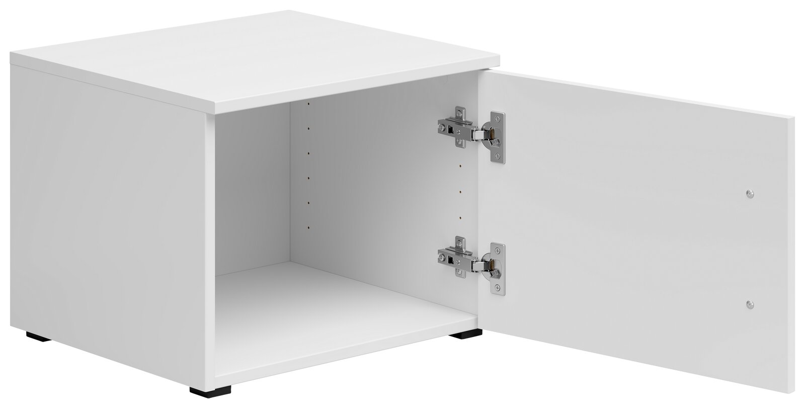 Weißer Aufsatzschrank mit geöffneter Tür, seitliche Perspektive