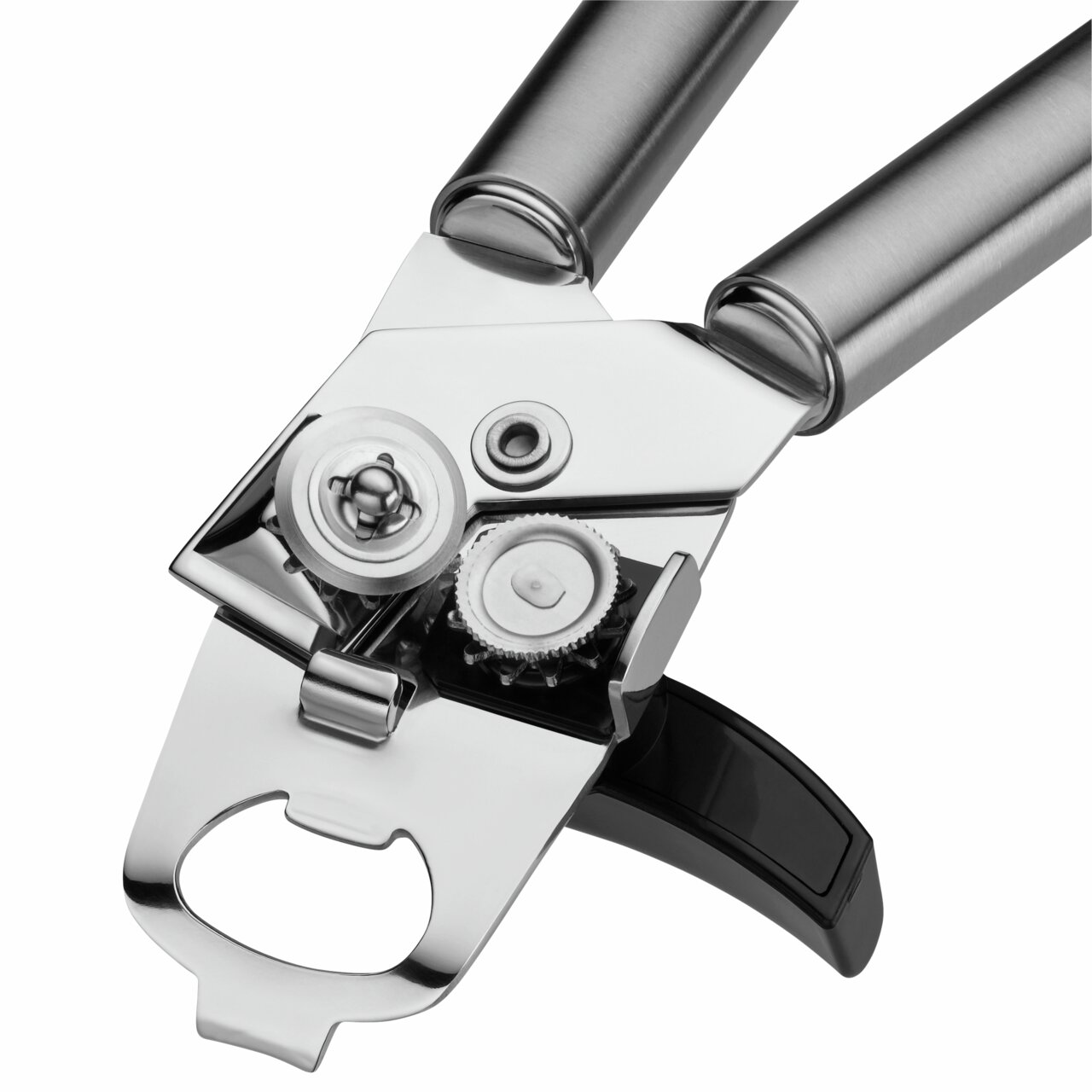 Nahaufnahme eines hochwertigen Dosenöffners aus Edelstahl mit ergonomischen Griffen, von oben betrachtet.