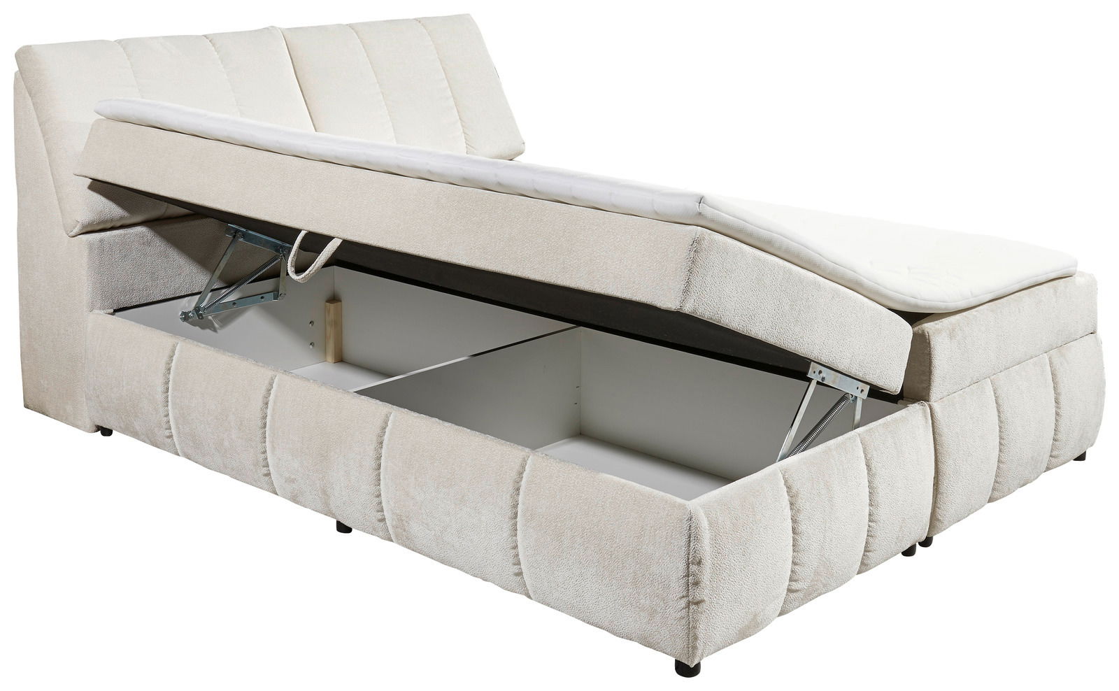 Boxspringbett VALENCIA in seitlicher Perspektive mit geöffneter Bettkastenfunktion und hellem Stoffbezug