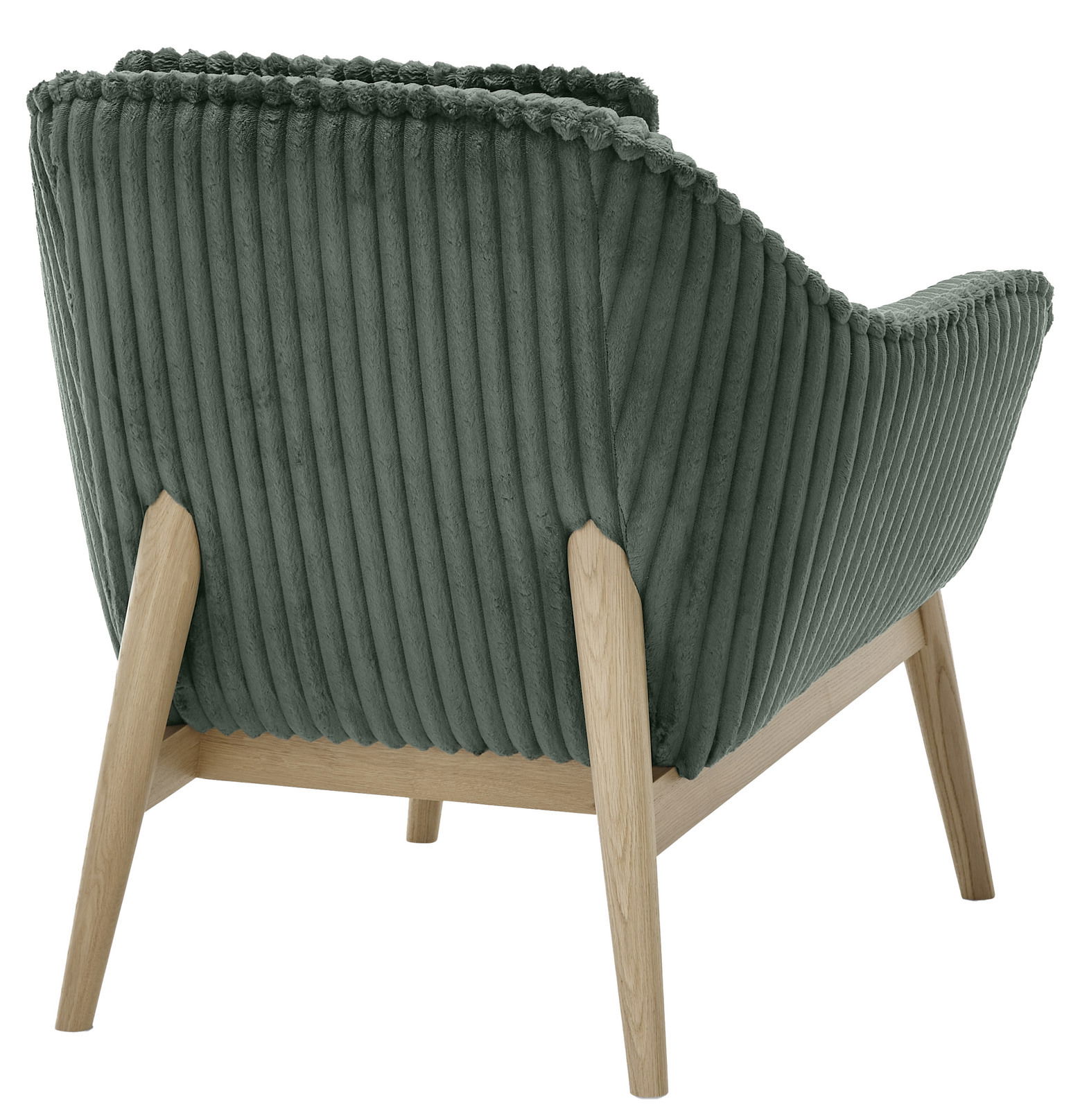 Rückansicht eines Sessels mit grünem, geripptem Stoffbezug und hellen Holzbeinen.