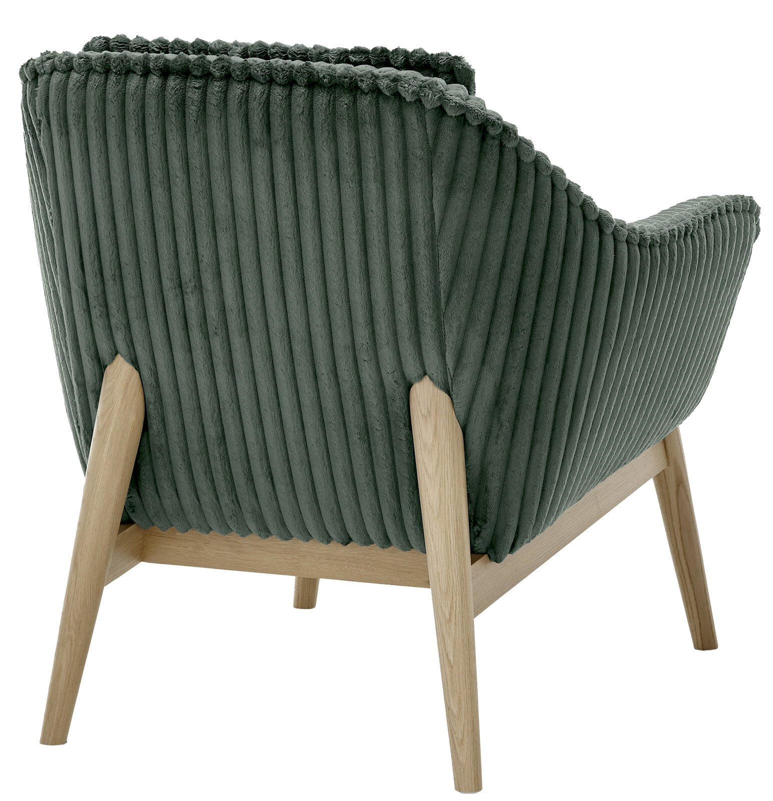 Rückansicht eines Sessels mit grünem, geripptem Stoffbezug und hellen Holzbeinen.