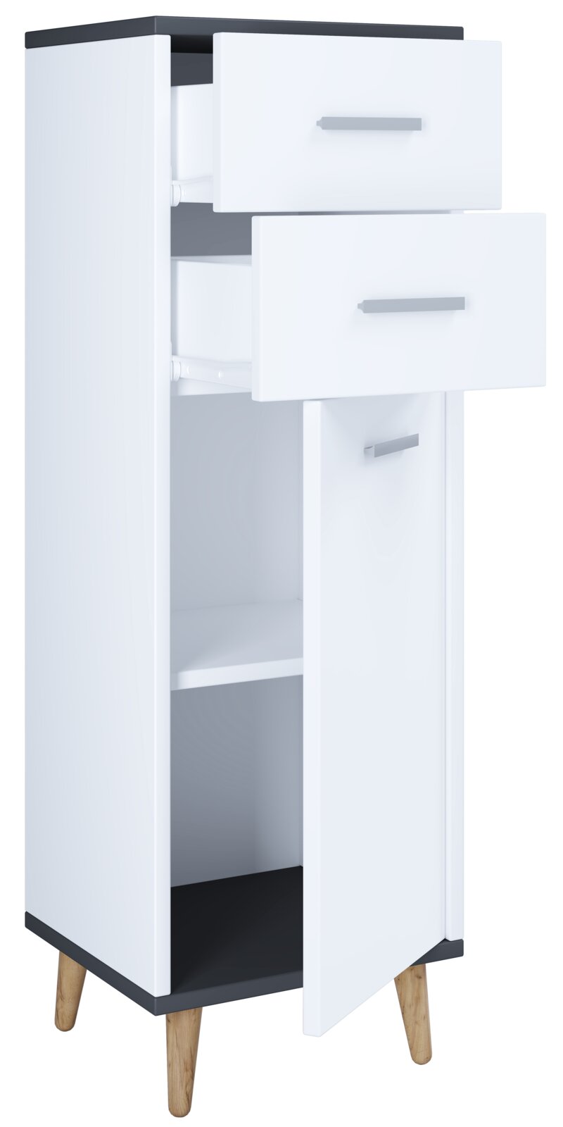 Weißer, schmaler Hochschrank mit zwei Schubladen und geöffneter Tür, schwarzen Akzenten und Holzfüßen, Ansicht schräg von vorne (3/4-Perspektive)