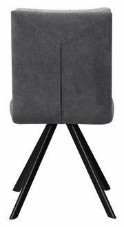 Rückansicht eines modernen grauen Stuhls mit schwarzem Metallgestell, Teil einer Eckbankgruppe.