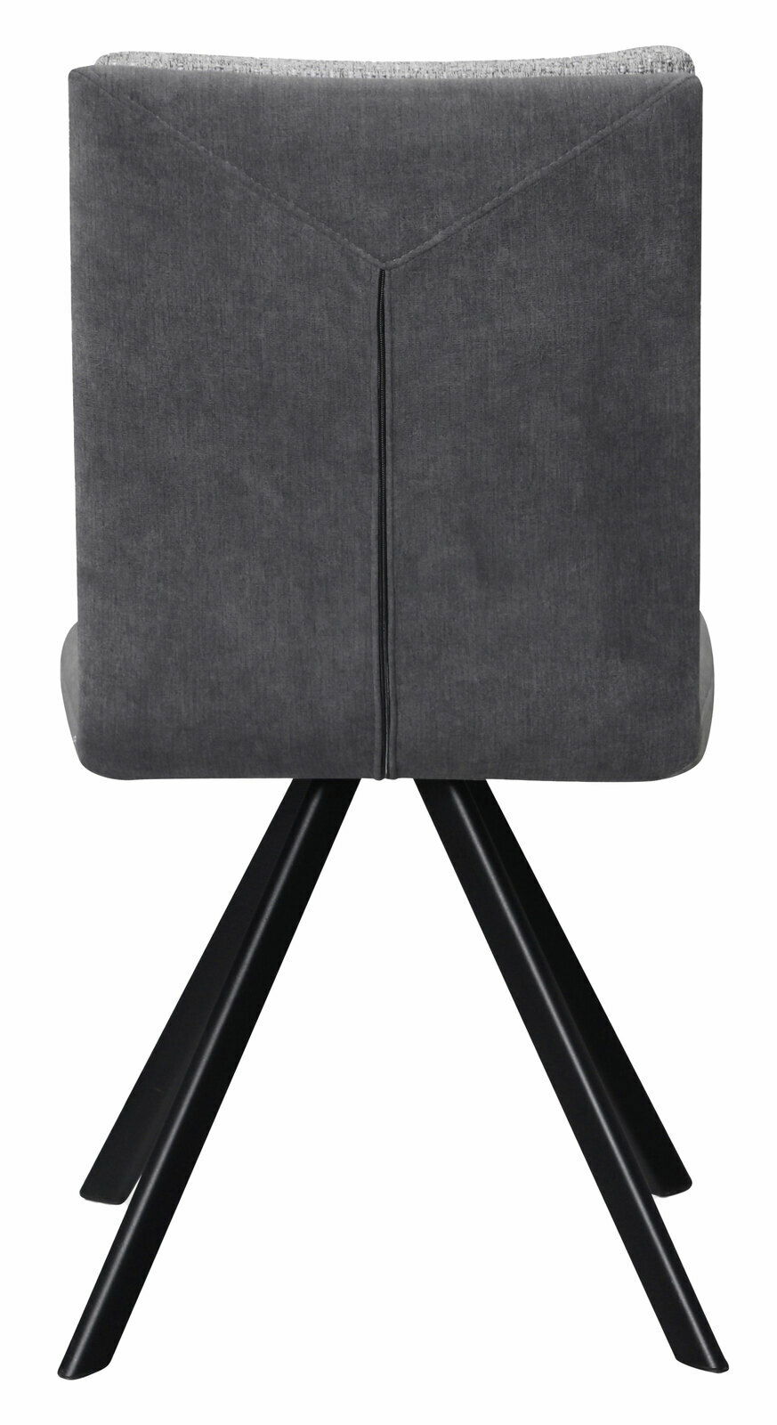 Rückansicht eines modernen grauen Stuhls mit schwarzem Metallgestell, Teil einer Eckbankgruppe.