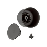 Ansicht von oben auf einen schwarzen Isolierbecher mit abgenommenem Deckel und einem kleinen Einsatz.