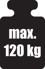 Schild mit der Aufschrift 'max. 120 kg', schwarze Silhouette in Form eines Gewichts, Vorderansicht