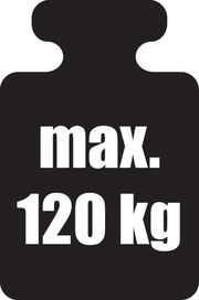 Schild mit der Aufschrift 'max. 120 kg', schwarze Silhouette in Form eines Gewichts, Vorderansicht