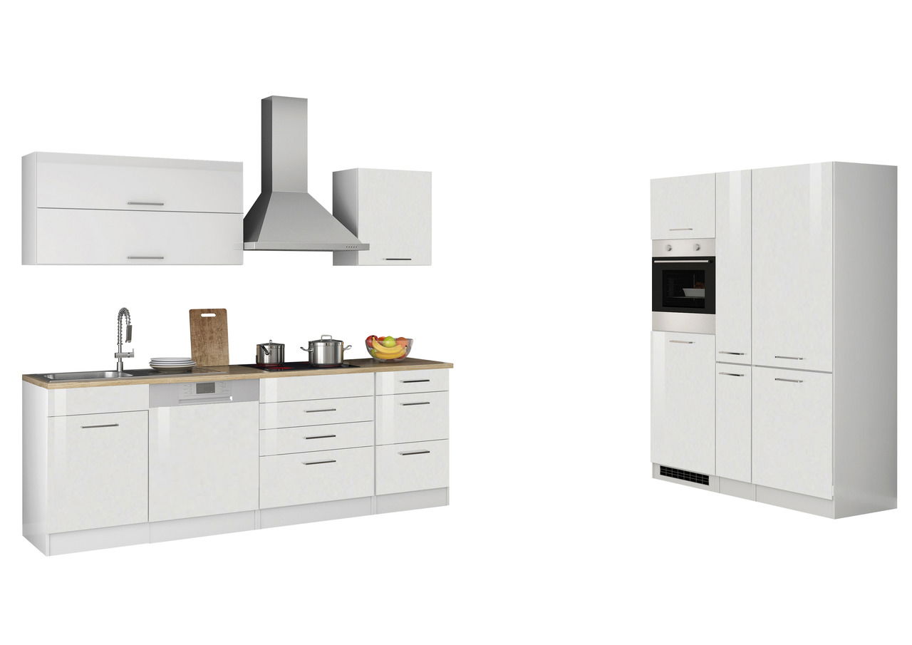 Moderne Küchenzeile in Weiß mit Hängeschränken, Dunstabzugshaube, Spüle, Herd und integriertem Backofen, seitliche Perspektive