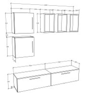 Technische Maßzeichnung eines modularen Möbel-/Schranksets mit zwei Hängeschränken, offenen Regalfächern und langem Lowboard mit Schubladen, dargestellt in schräger isometrischer Perspektive mit Bemaßungen.