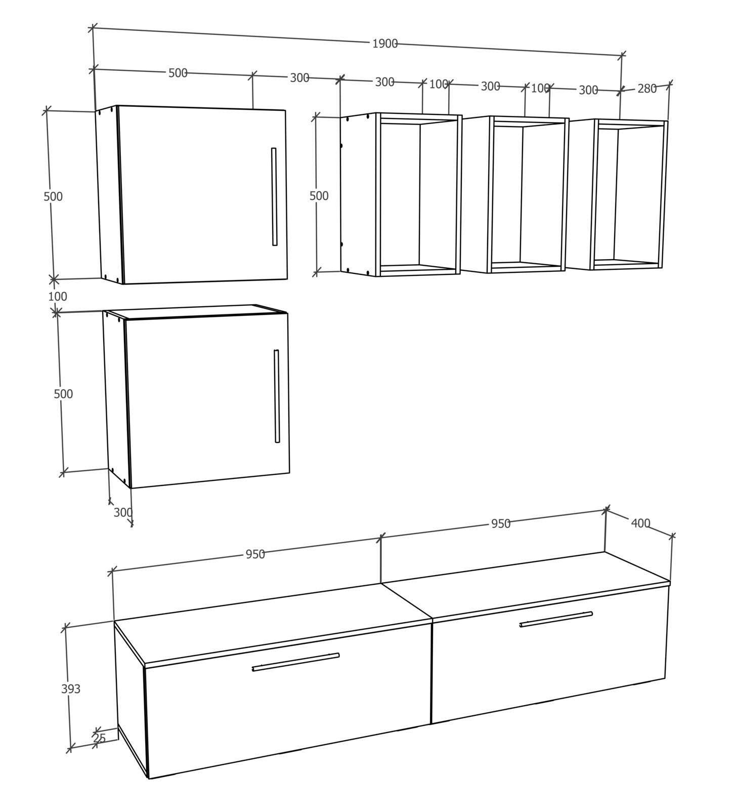 Technische Maßzeichnung eines modularen Möbel-/Schranksets mit zwei Hängeschränken, offenen Regalfächern und langem Lowboard mit Schubladen, dargestellt in schräger isometrischer Perspektive mit Bemaßungen.