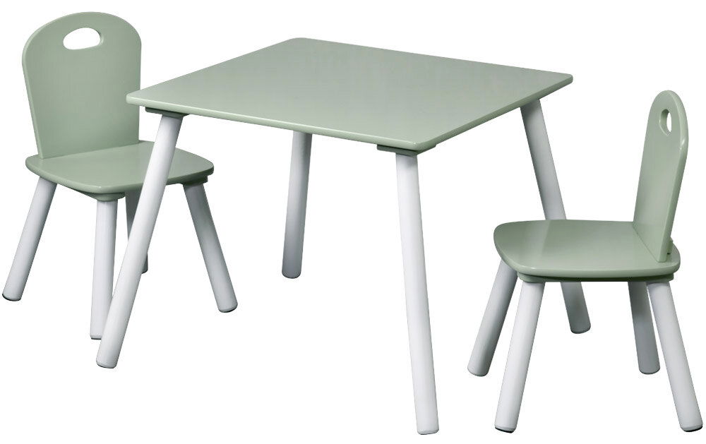 Kindertisch mit zwei Stühlen in Minzgrün, seitliche Perspektive