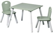 Kindertisch mit zwei Stühlen in Minzgrün, seitliche Perspektive