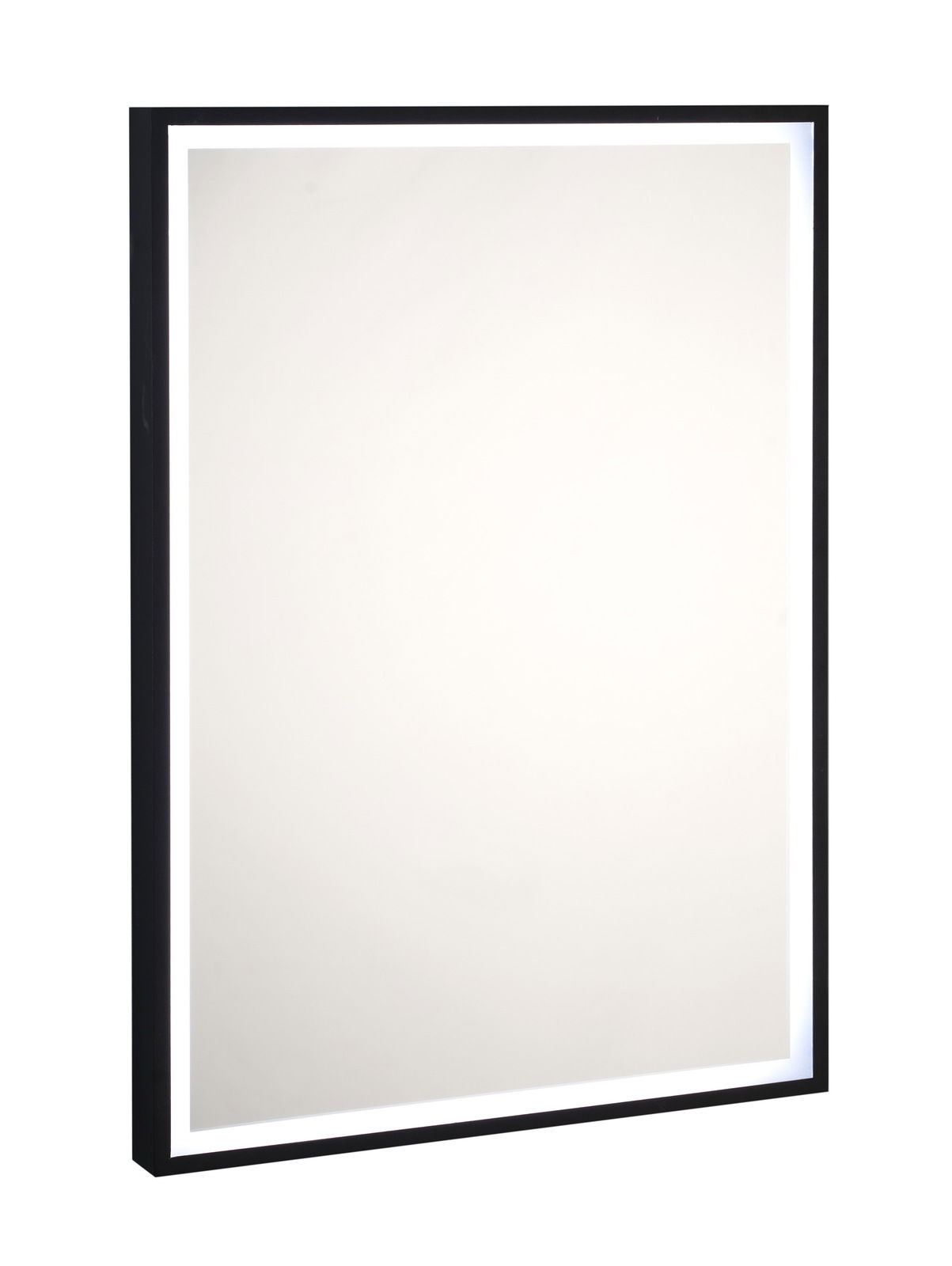 Rechteckiger LED-Spiegel mit schwarzem Rahmen, seitliche Perspektive