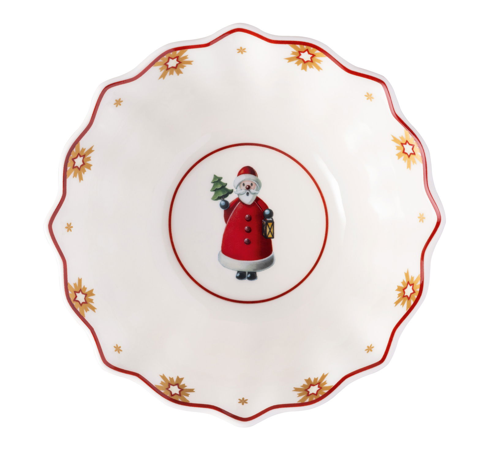 Obenansicht einer festlichen Schale mit Weihnachtsmann-Motiv und dekorativem Rand.