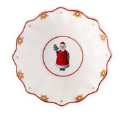Bovenaanzicht van een feestelijke schaal met een afbeelding van de kerstman en een decoratieve rand.
