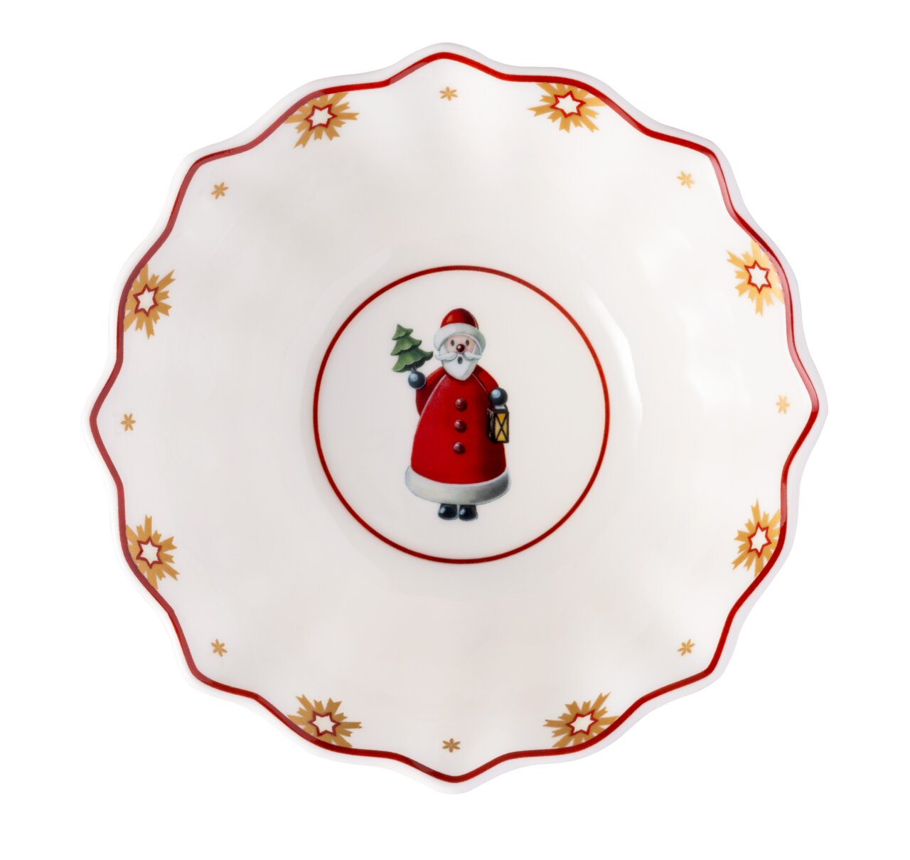 Bovenaanzicht van een feestelijke schaal met een afbeelding van de kerstman en een decoratieve rand.