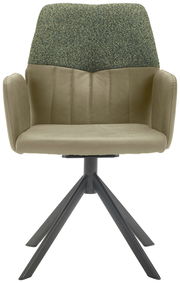 Moderner Armlehnstuhl in Olivgrün mit gepolsterter Rückenlehne und schwarzem Metallgestell, Frontalansicht