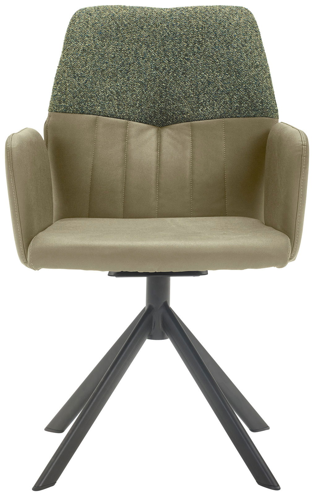 Moderner Armlehnstuhl in Olivgrün mit gepolsterter Rückenlehne und schwarzem Metallgestell, Frontalansicht