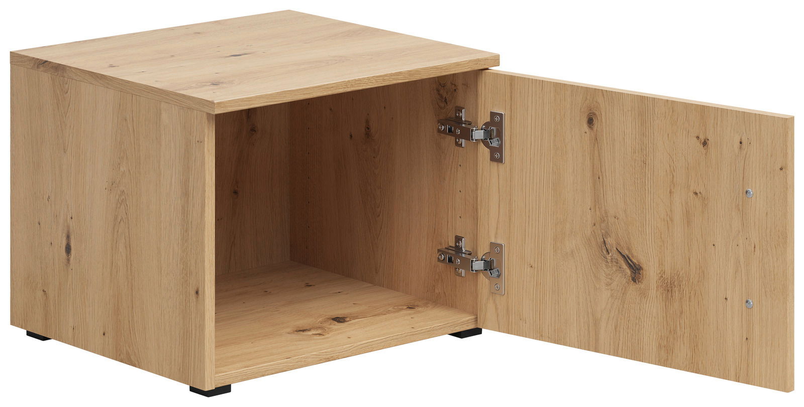 Holzfarbener Aufsatzschrank mit geöffneter Tür, seitliche Perspektive