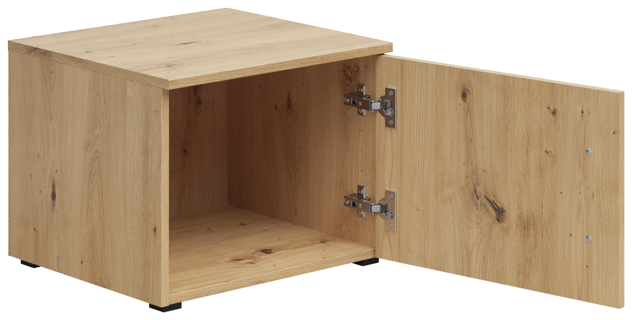 Holzfarbener Aufsatzschrank mit geöffneter Tür, seitliche Perspektive