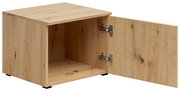 Holzfarbener Aufsatzschrank mit geöffneter Tür, seitliche Perspektive