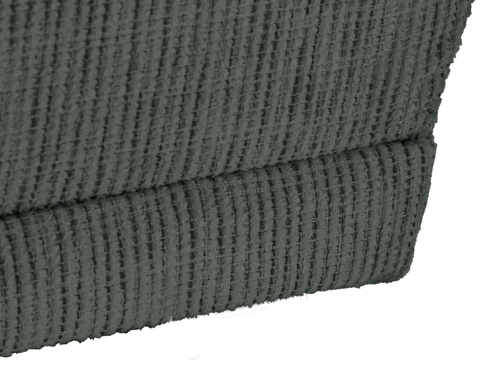 Nahaufnahme der Textur eines grauen Stoffes, der für eine Recamiere verwendet wird, seitliche Perspektive