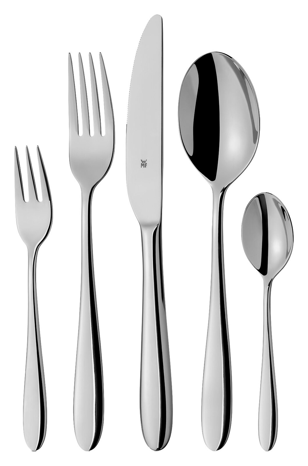 Set aus poliertem Edelstahlbesteck, bestehend aus Gabel, Messer, Löffel, Dessertgabel und Teelöffel, frontal abgebildet.