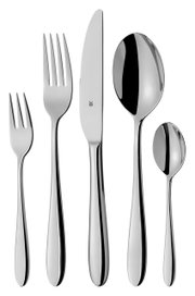Set aus poliertem Edelstahlbesteck, bestehend aus Gabel, Messer, Löffel, Dessertgabel und Teelöffel, frontal abgebildet.