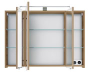 Spiegelschrank mit geöffneten Türen, Holzrahmen und Glasregalen, Frontalansicht