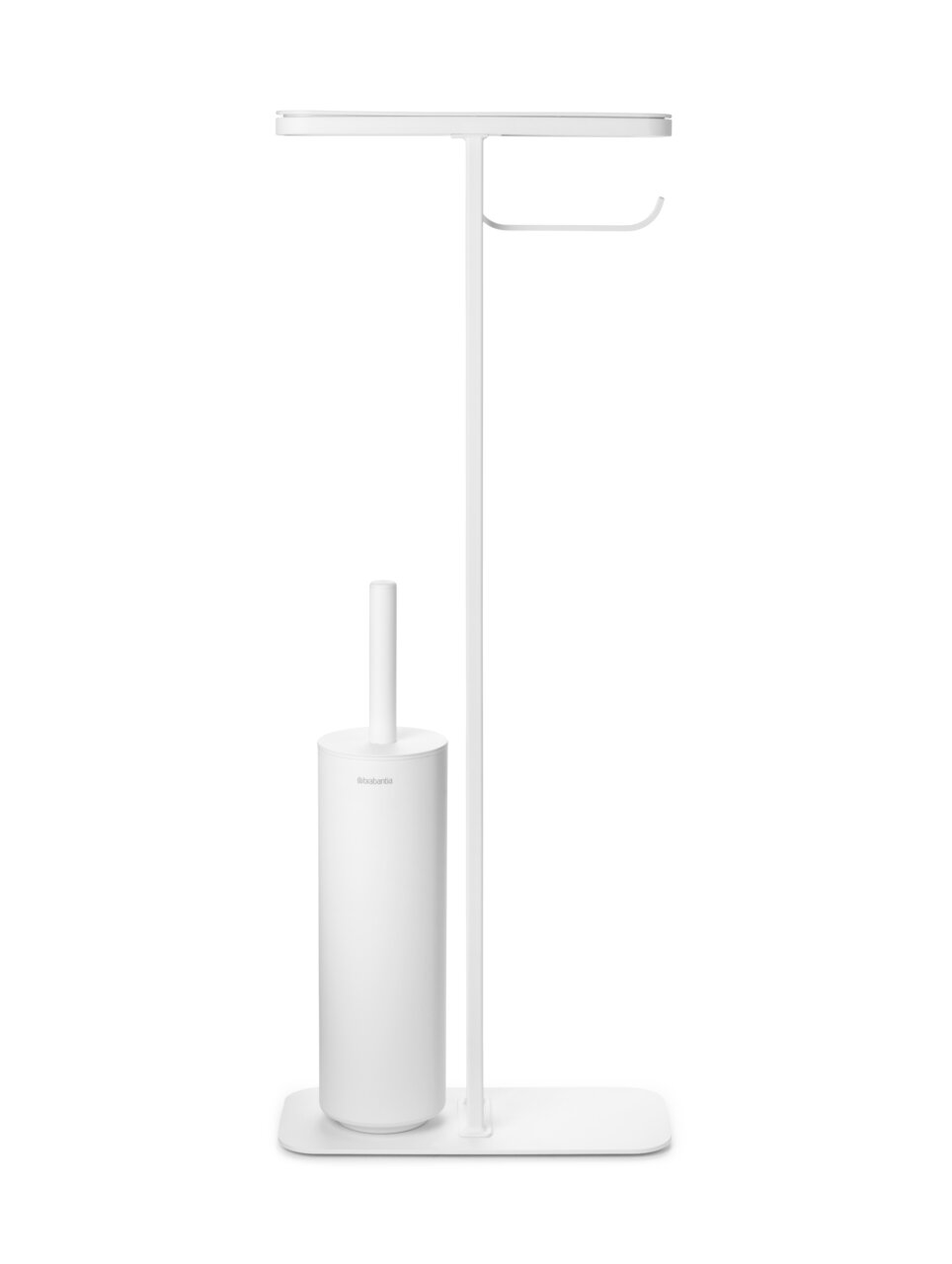 Brabantia Toiletten-Butler MINDSET Moderner weißer Toiletten-Butler mit integriertem Toilettenbürstenhalter und Papierrollenhalter, seitliche Perspektive.