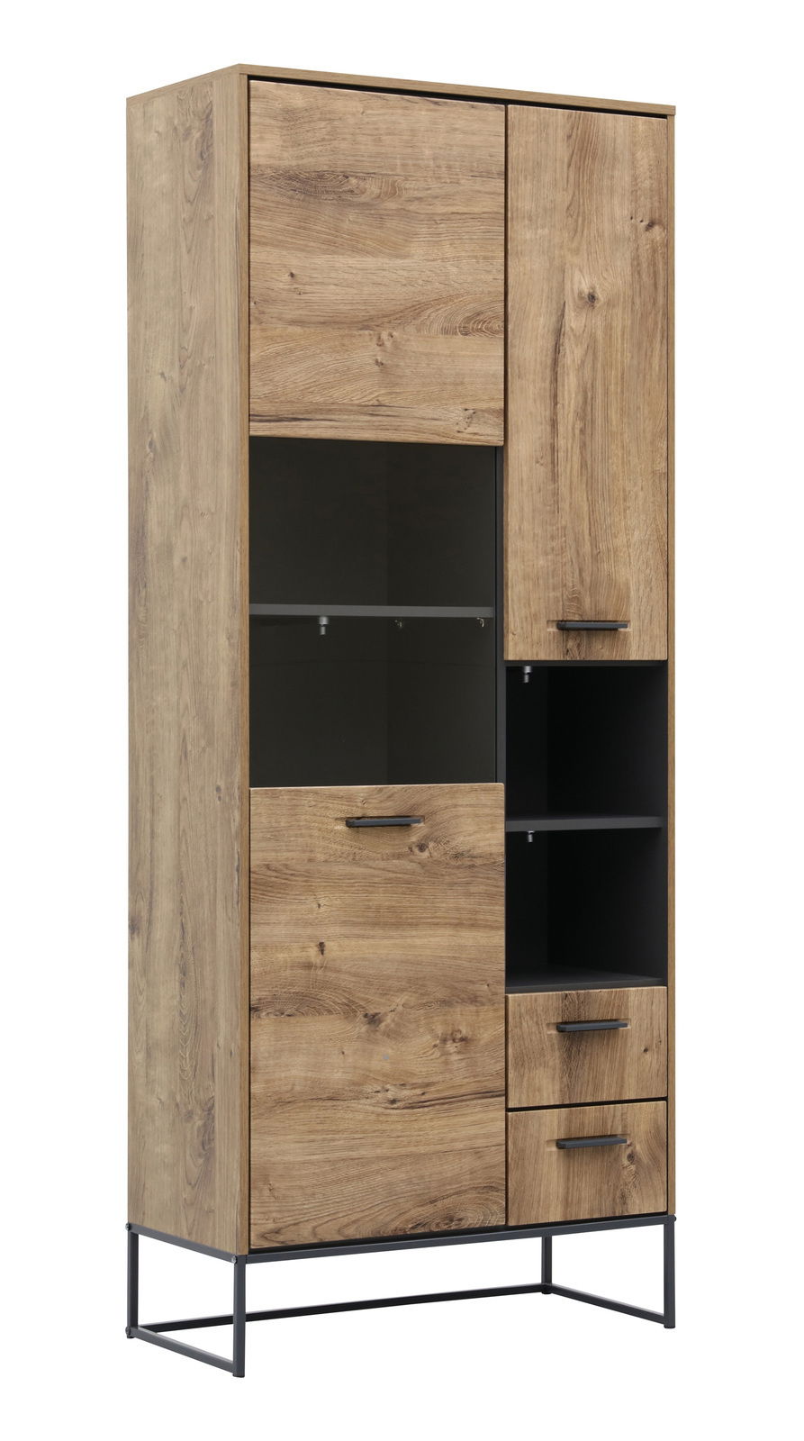 Vitrine MANHATTAN aus Holz mit Glasfront und Metallgestell, seitliche Perspektive