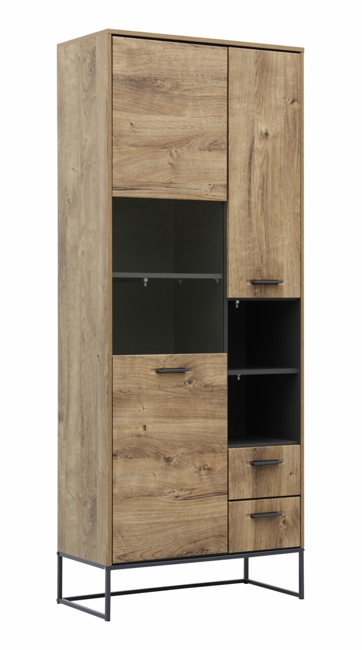 Vitrine MANHATTAN aus Holz mit Glasfront und Metallgestell, seitliche Perspektive