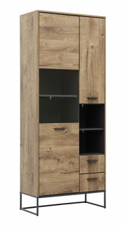 Vitrine MANHATTAN aus Holz mit Glasfront und Metallgestell, seitliche Perspektive