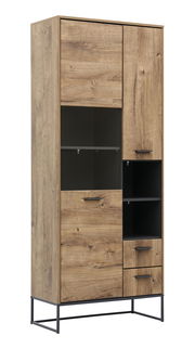 Vitrine MANHATTAN aus Holz mit Glasfront und Metallgestell, seitliche Perspektive