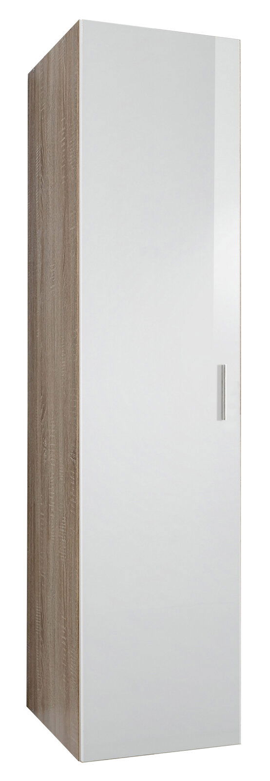 Mehrzweckschrank mit Holzoptik an der Seite und weißer Tür, seitliche Perspektive