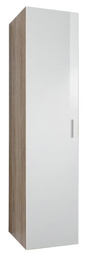 Mehrzweckschrank mit Holzoptik an der Seite und weißer Tür, seitliche Perspektive