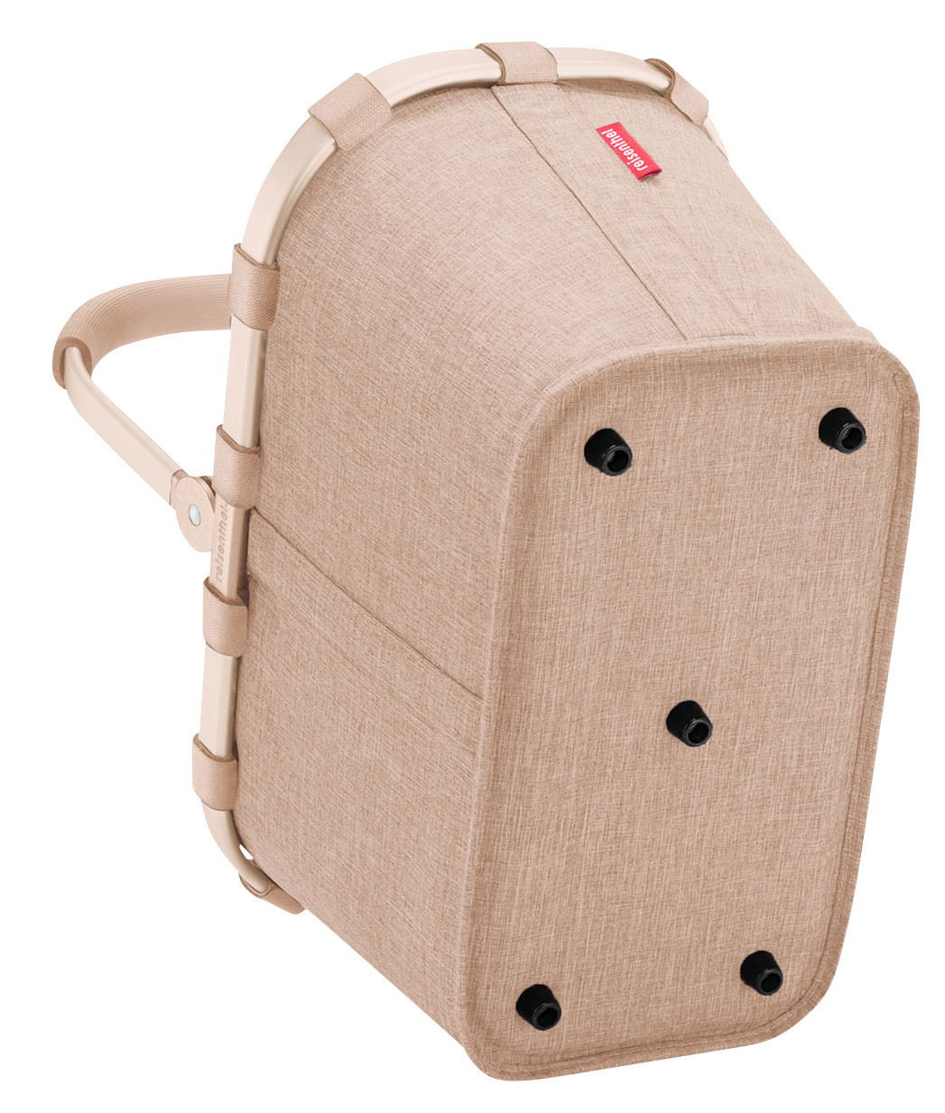 Carrybag in Beige mit stabilem Rahmen und Griff, Ansicht von unten mit vier schwarzen Standfüßen.