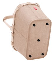 Carrybag in Beige mit stabilem Rahmen und Griff, Ansicht von unten mit vier schwarzen Standfüßen.