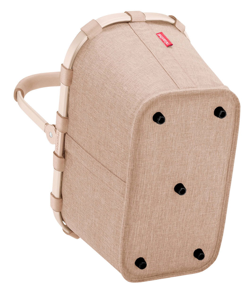 Carrybag in Beige mit stabilem Rahmen und Griff, Ansicht von unten mit vier schwarzen Standfüßen.