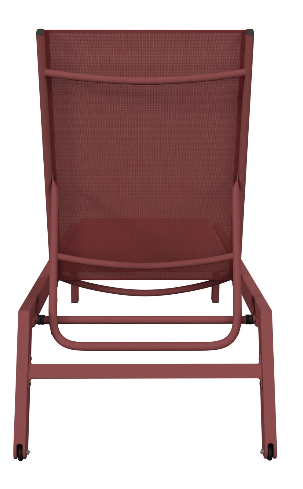 Rote Sonnenliege von hinten betrachtet, mit stabilem Metallrahmen und Stoffbespannung.