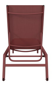 Rote Sonnenliege von hinten betrachtet, mit stabilem Metallrahmen und Stoffbespannung.