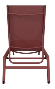 Rote Sonnenliege von hinten betrachtet, mit stabilem Metallrahmen und Stoffbespannung.