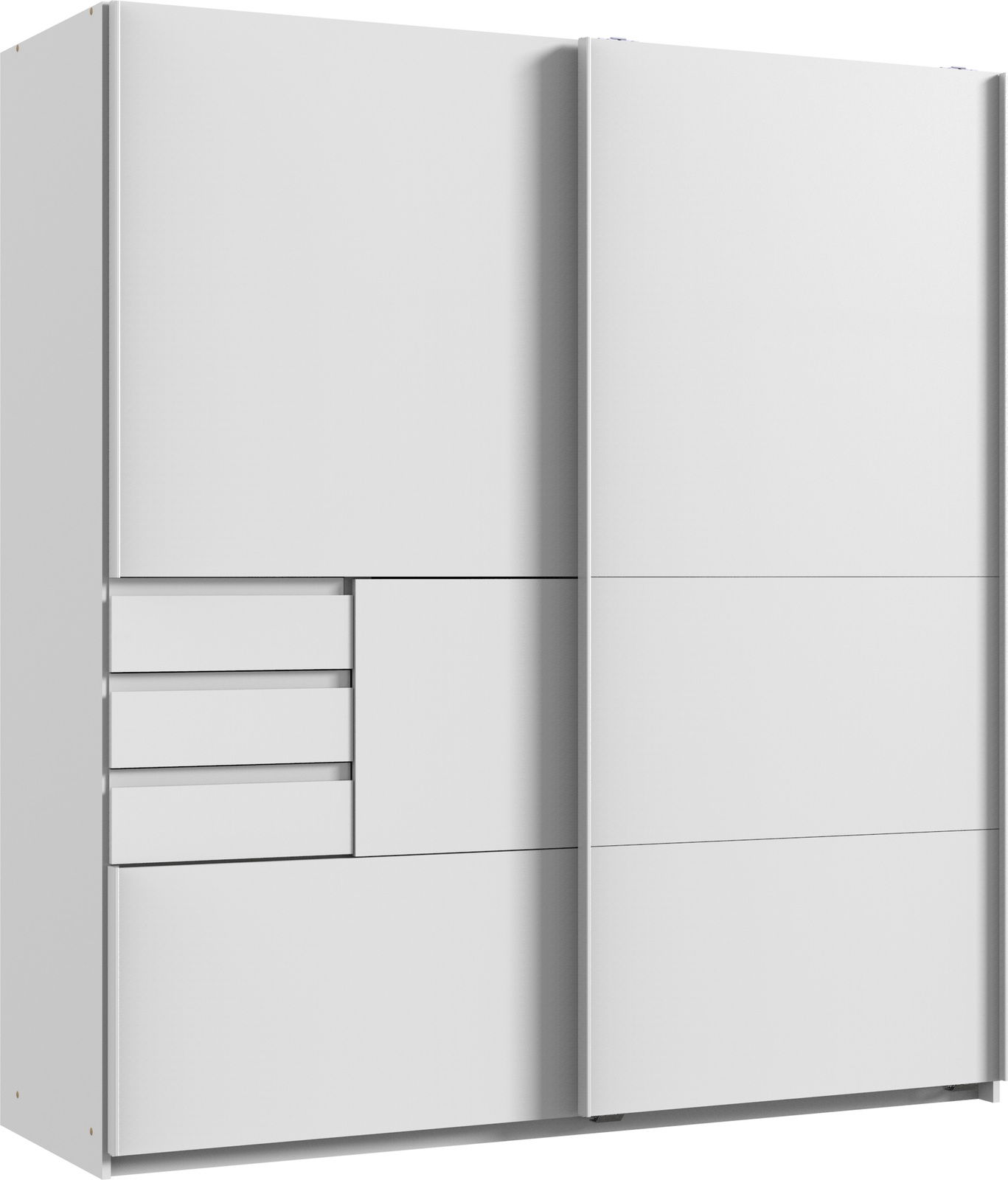 Moderner Schwebetürenschrank mit zwei Türen und mehreren Schubladen, seitliche Perspektive