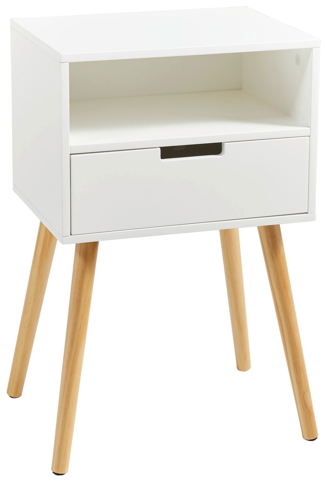 Weiße Nachtkommode mit einer Schublade und einem offenen Fach, auf vier schrägen Holzbeinen, Perspektive von vorne.