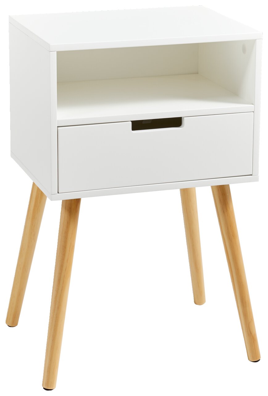 Weiße Nachtkommode mit einer Schublade und einem offenen Fach, auf vier schrägen Holzbeinen, Perspektive von vorne.