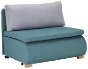 Moderner Funktionssessel in Türkis mit grauem Rückenkissen, seitliche Perspektive