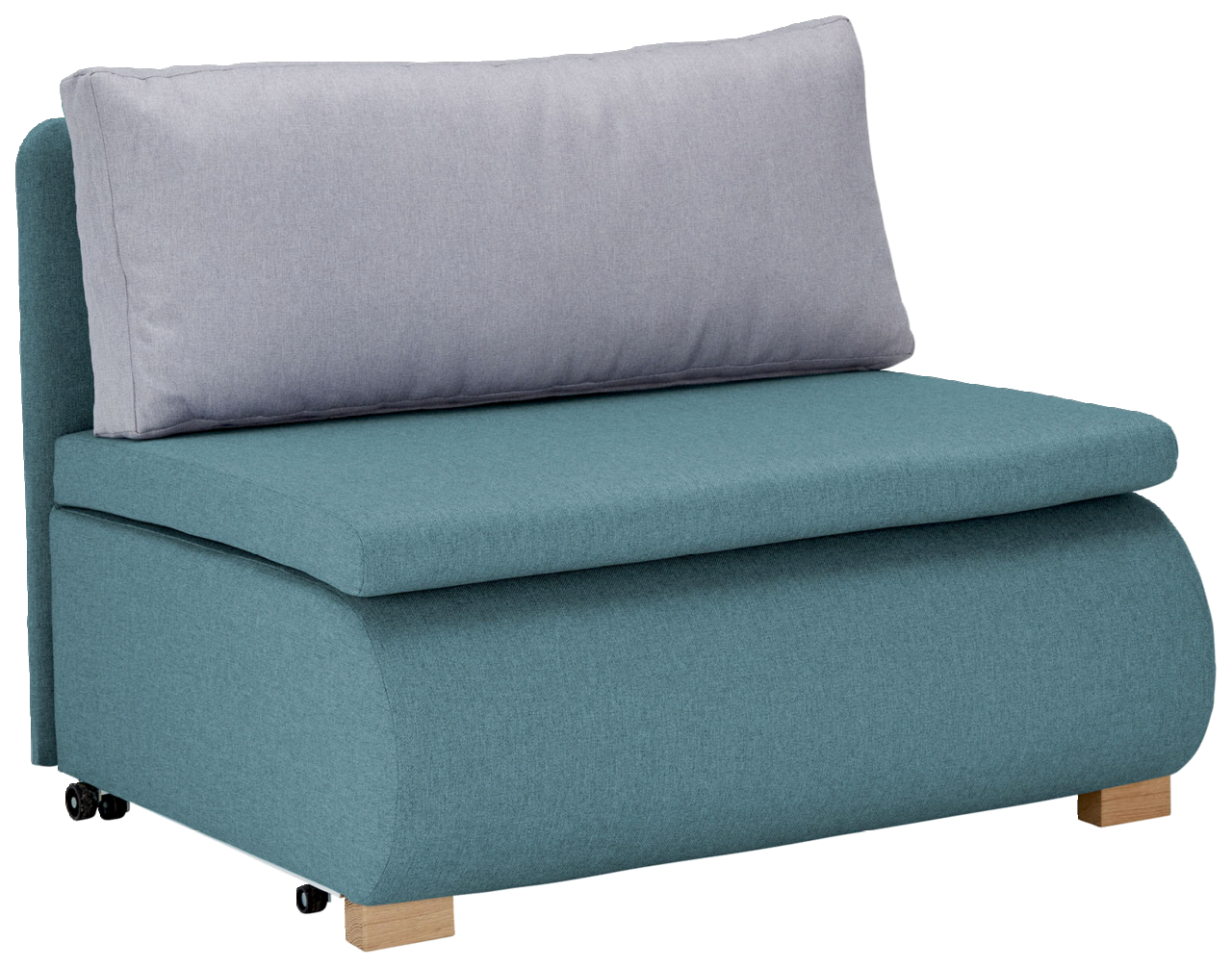 Moderner Funktionssessel in Türkis mit grauem Rückenkissen, seitliche Perspektive