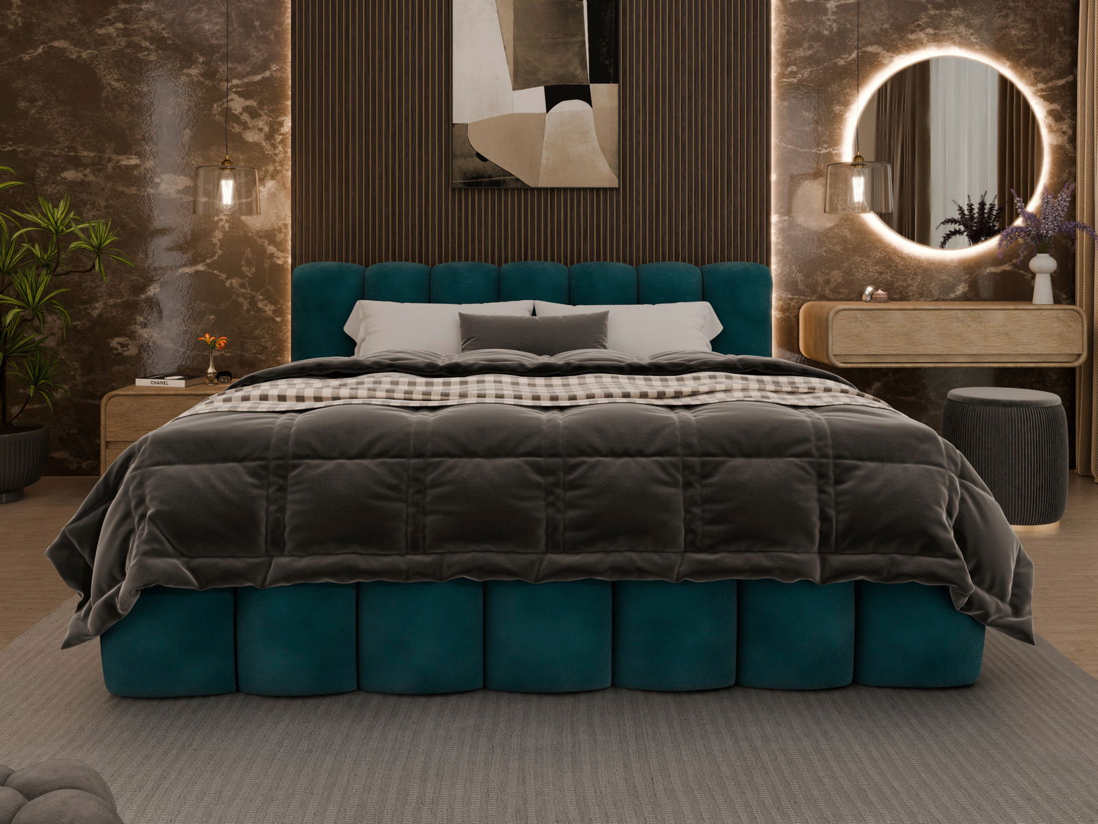 Frontale Ansicht eines eleganten Polsterbetts mit grünem Kopfteil und luxuriöser Bettwäsche in einem stilvoll eingerichteten Schlafzimmer.