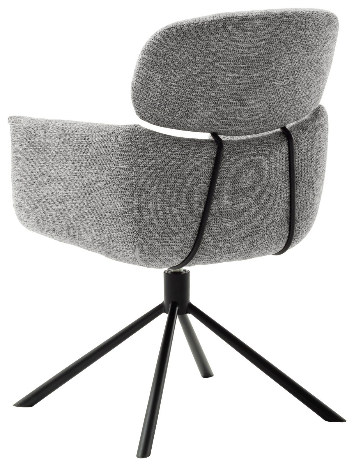 Rückansicht eines modernen grauen Sessels mit schwarzem Metallgestell und vier Beinen.