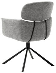 Rückansicht eines modernen grauen Sessels mit schwarzem Metallgestell und vier Beinen.